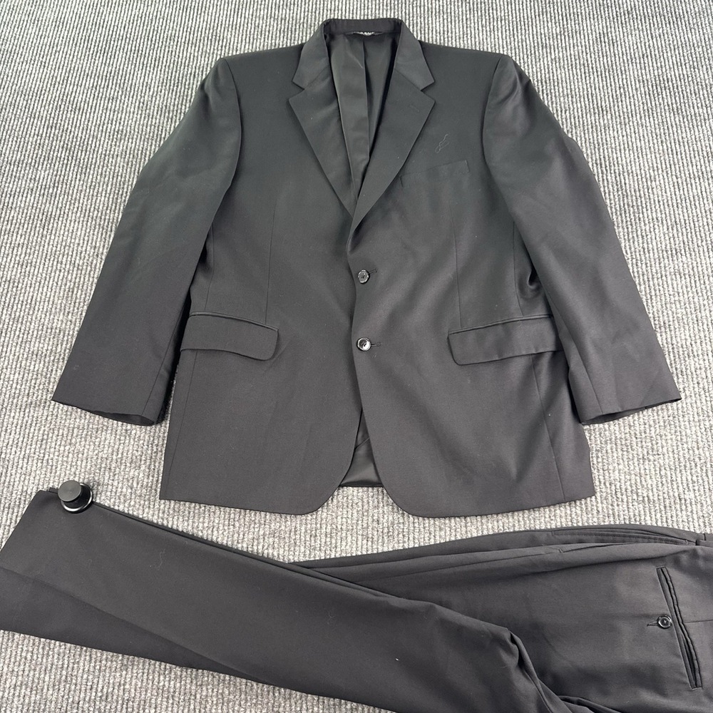 Jos A Bank Suit 44R Black Wool Solid Travelers Collection 38x27 2 Piece READ